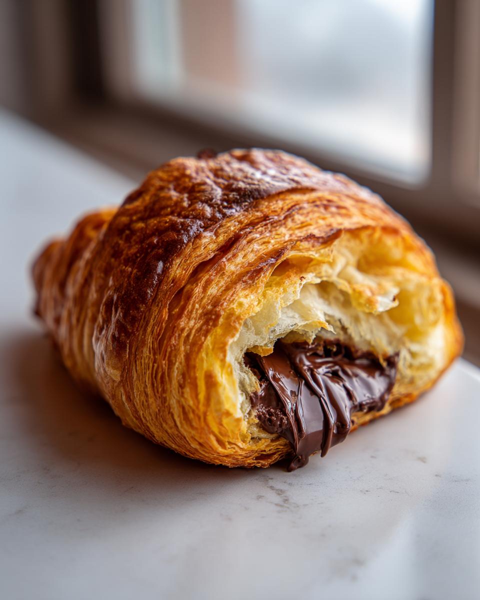 Close-up of a golden, flaky chocolate croissant with rich, melted chocolate oozing out.