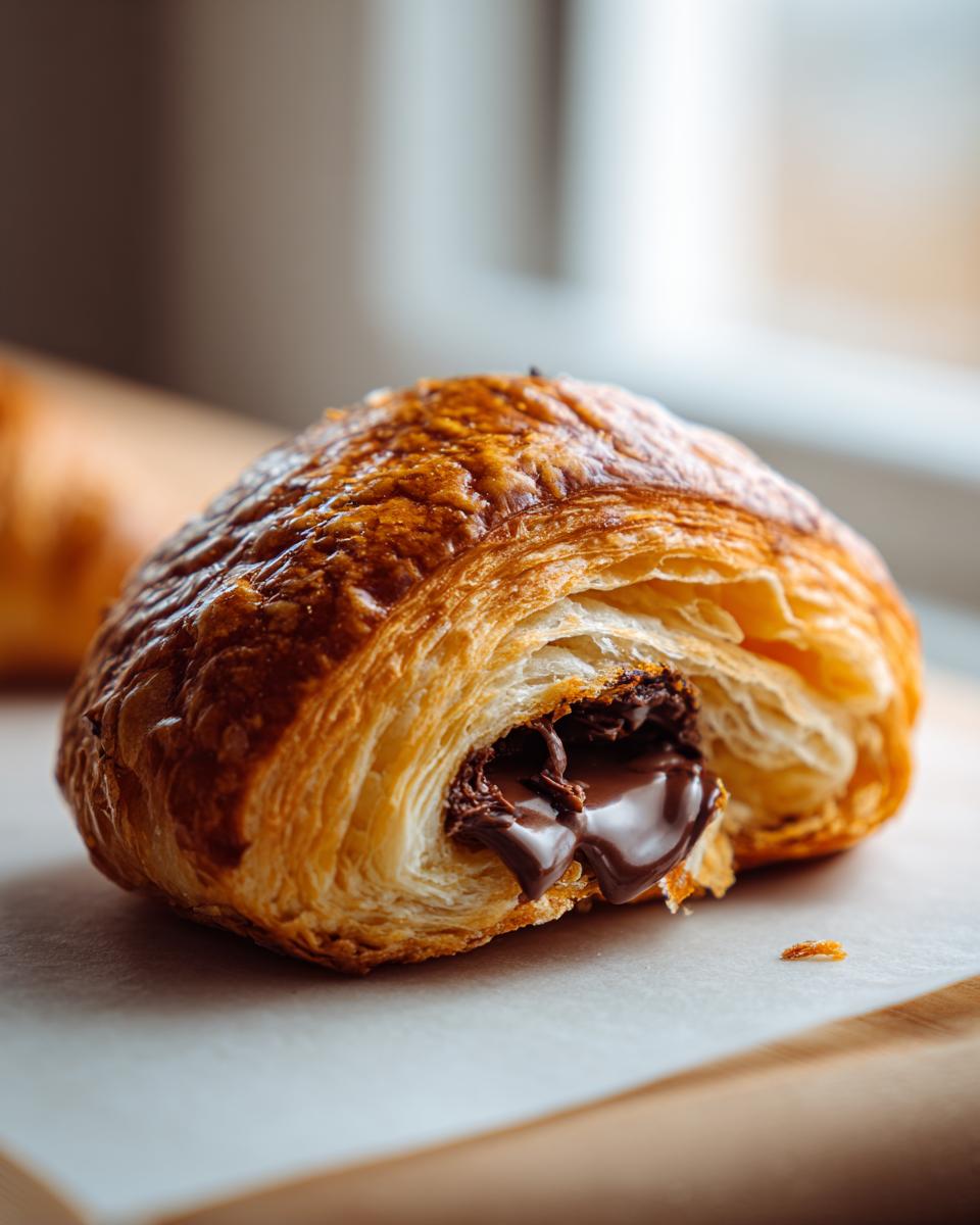 Close-up of a flaky, golden-brown chocolate croissant with rich, melted chocolate oozing out.