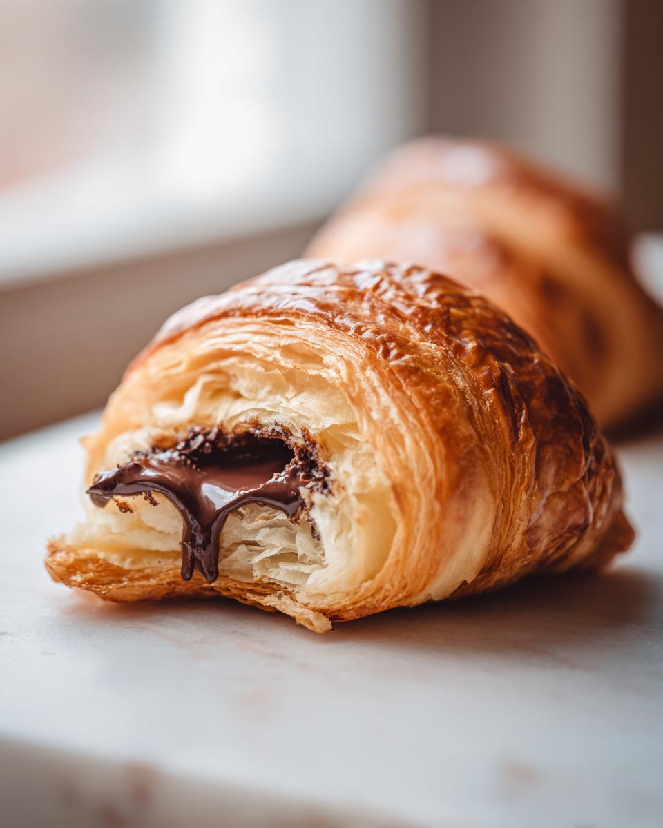 Close-up of a flaky, golden brown chocolate croissant broken open to show melted chocolate oozing out.
