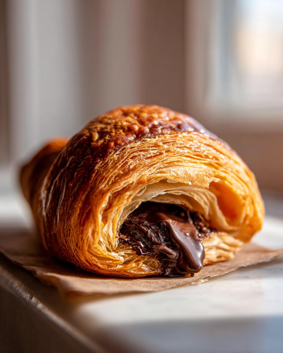 Close-up of a flaky, golden-brown chocolate croissant with rich, melted chocolate oozing out the center.