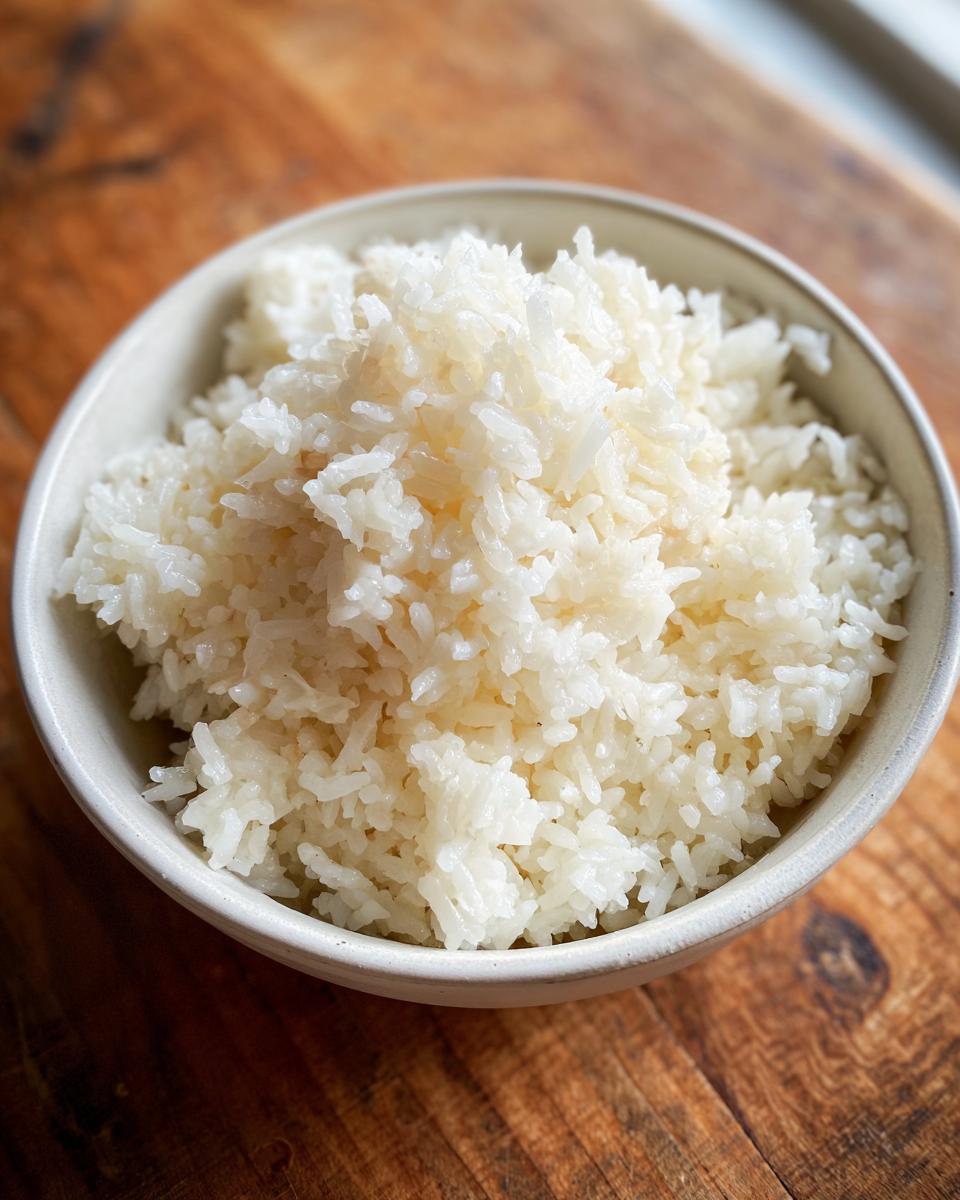 A close-up of fluffy, white butter rice served in a light-colored bowl on a wooden surface.
