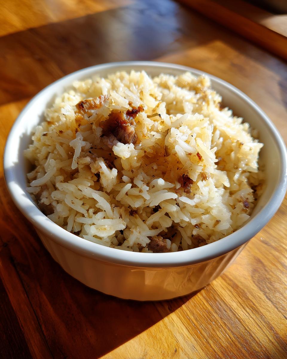 A close-up of fluffy, golden butter rice served in a small white bowl on a wooden surface.