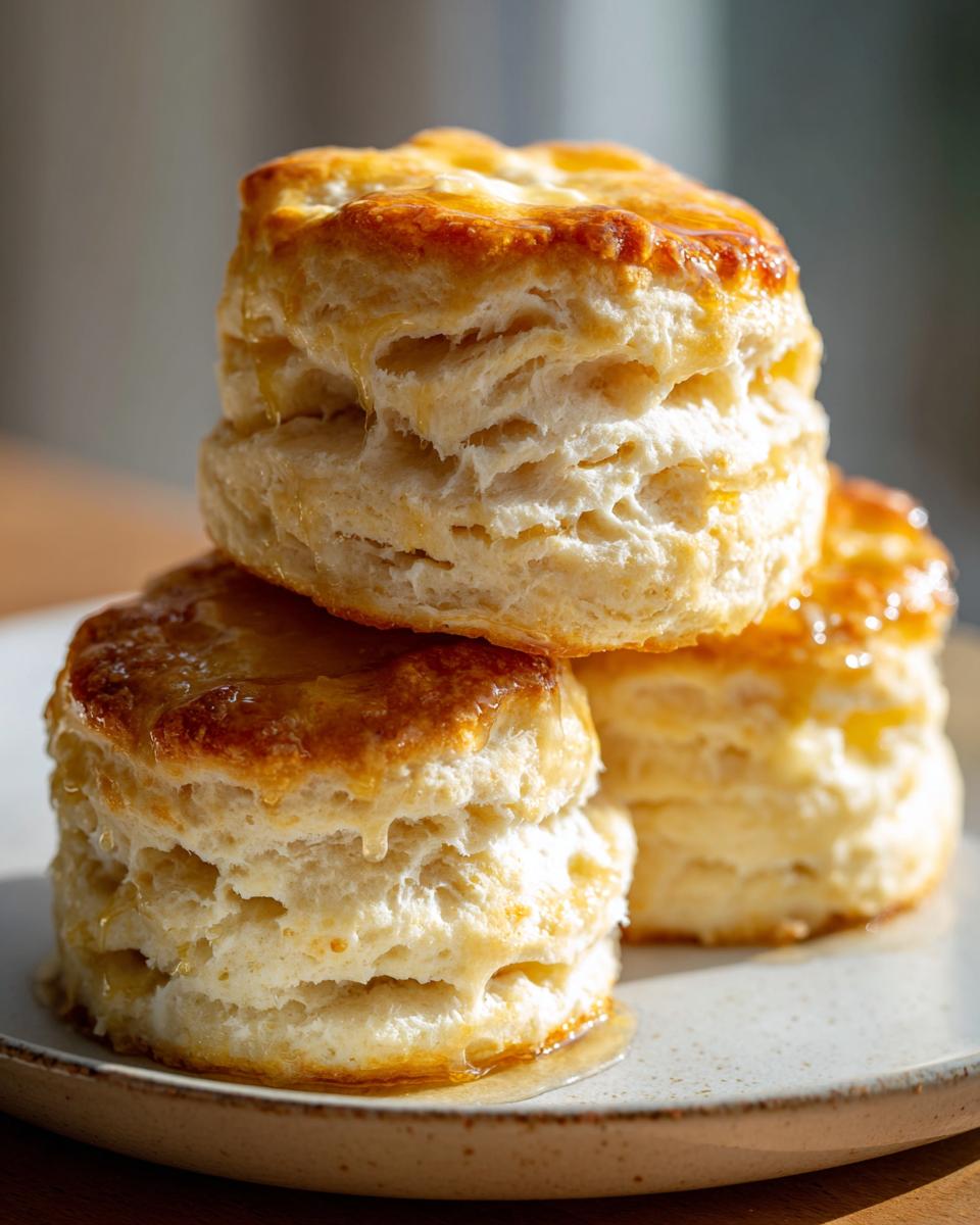 A stack of three tall, fluffy buttermilk biscuits with golden tops, drizzled generously with honey.