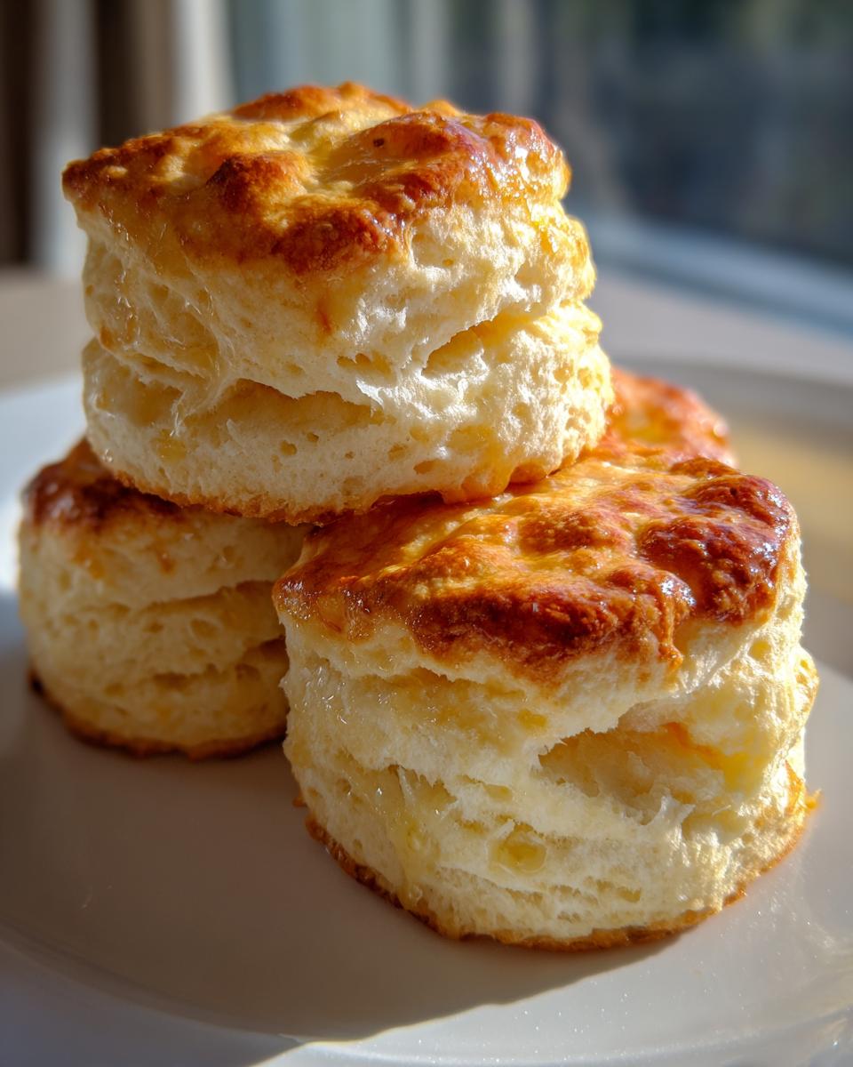 Three tall, flaky buttermilk biscuits stacked on a white plate, showing their layered texture and shiny, golden-brown tops.