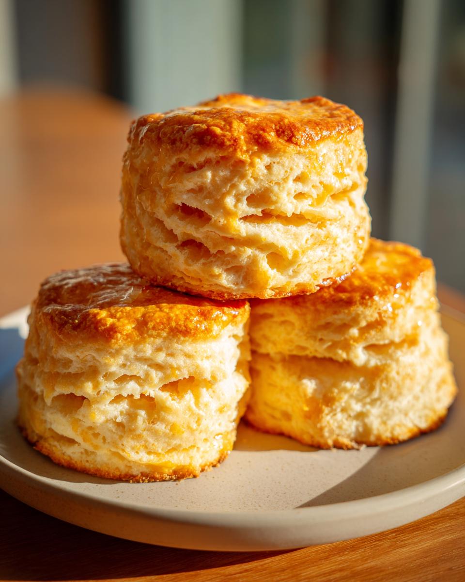 Three tall, flaky buttermilk biscuits stacked on a light plate, glistening under warm light.