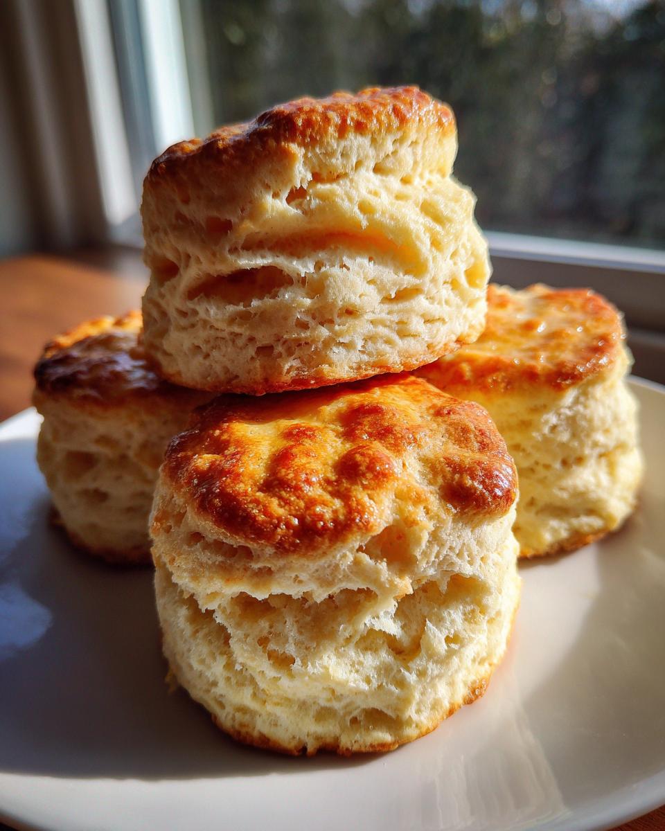 Close-up of three fluffy buttermilk biscuits stacked on a white plate, showing flaky layers and golden tops.