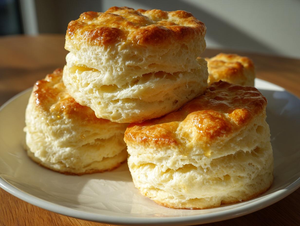 Close-up of three tall, flaky buttermilk biscuits stacked on a white plate, featuring a golden, shiny top.