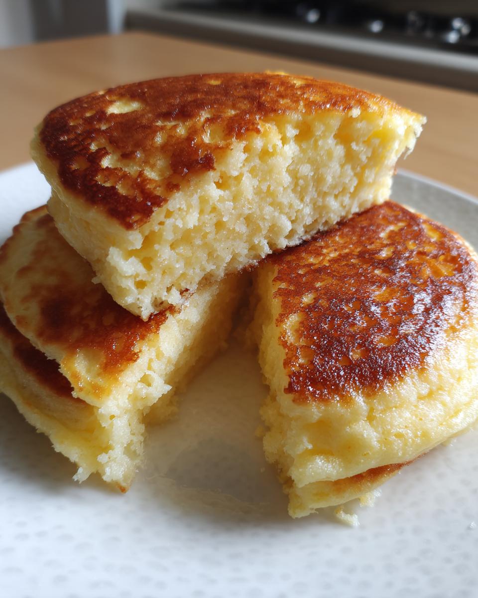 Close-up of thick, fluffy coconut flour pancakes cut in half, showing a golden-brown exterior and soft interior.
