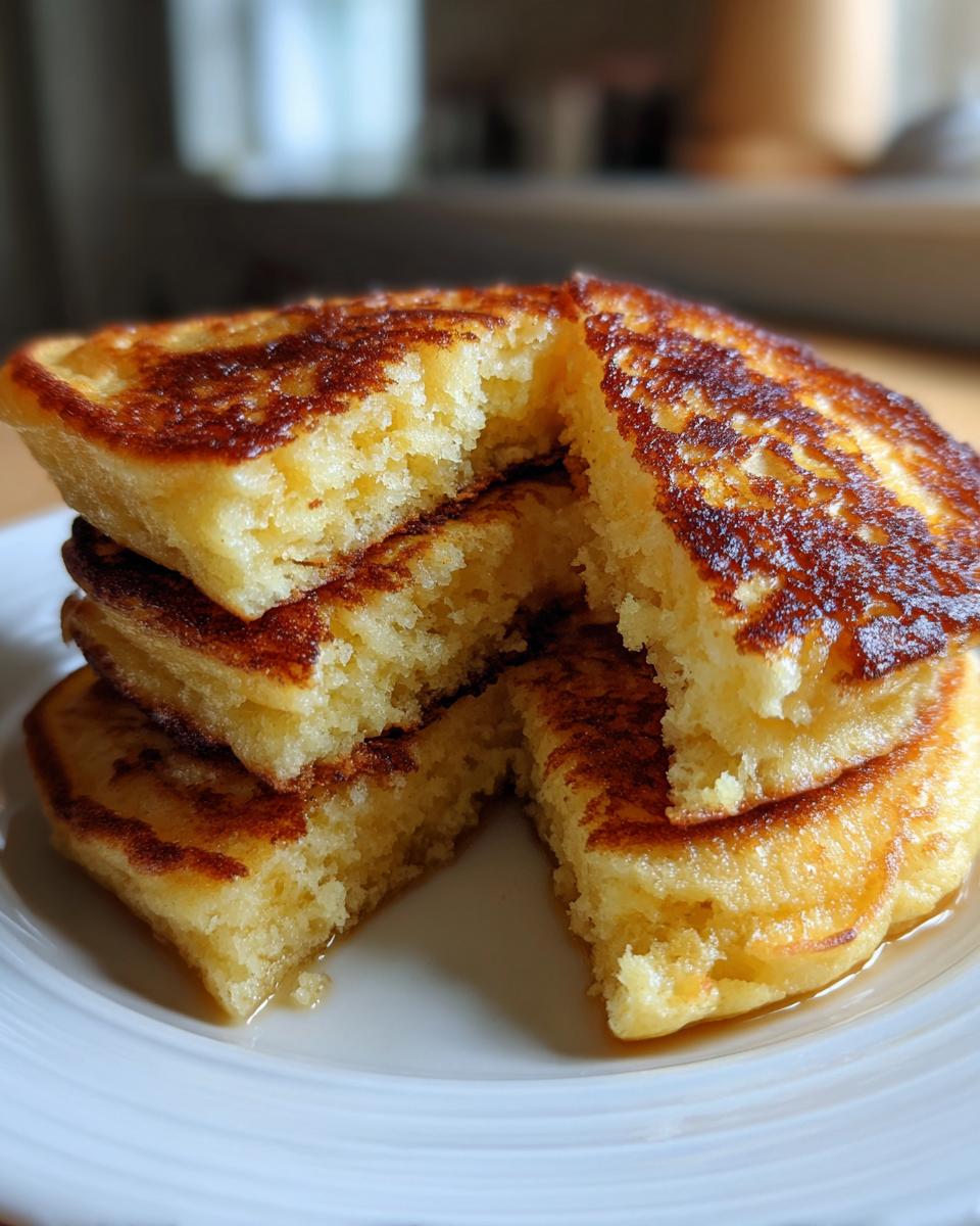 Close-up of fluffy coconut flour pancakes stacked and cut open, revealing a moist interior and golden-brown edges.