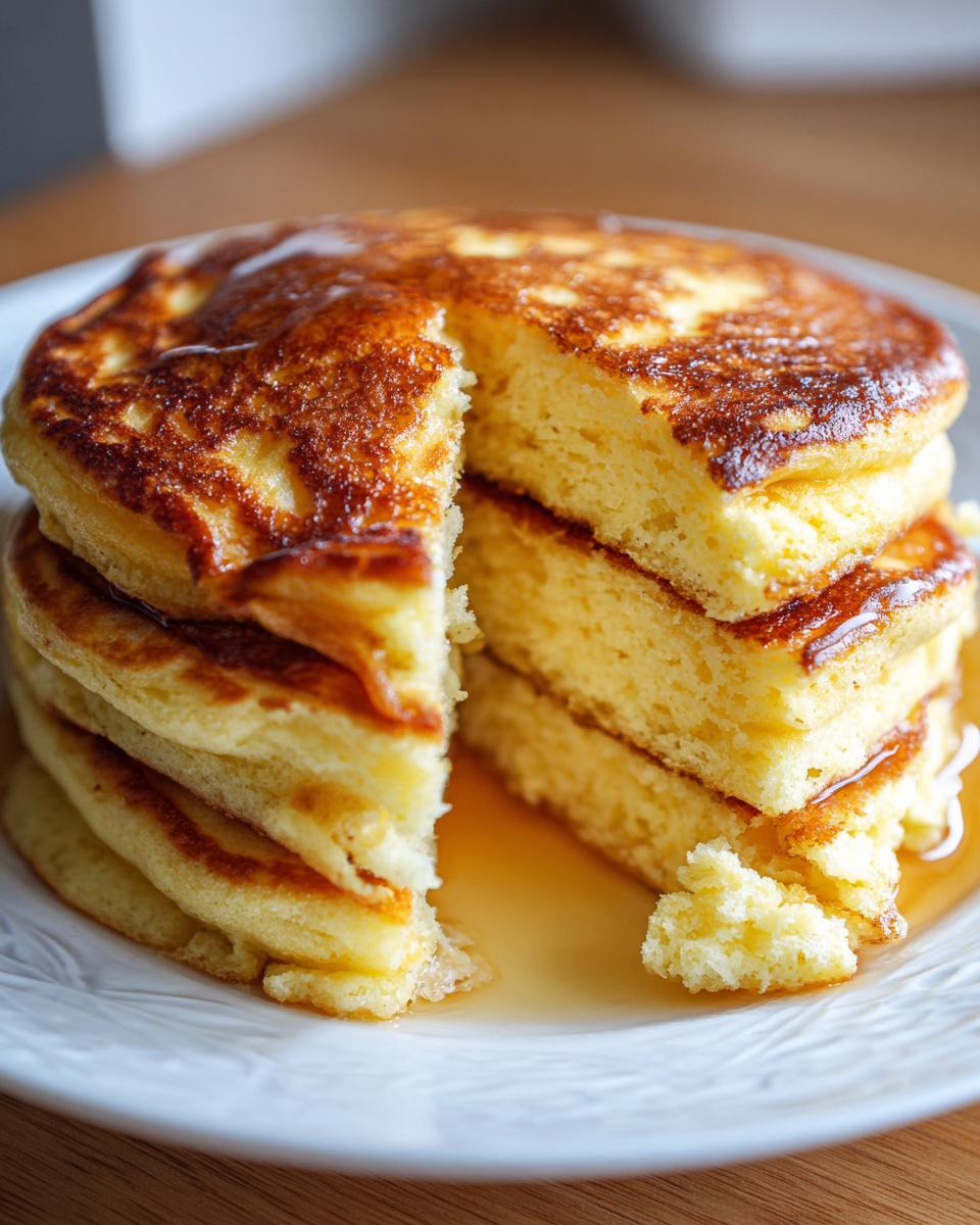 A tall stack of fluffy coconut flour pancakes with a slice cut out, drizzled with syrup.