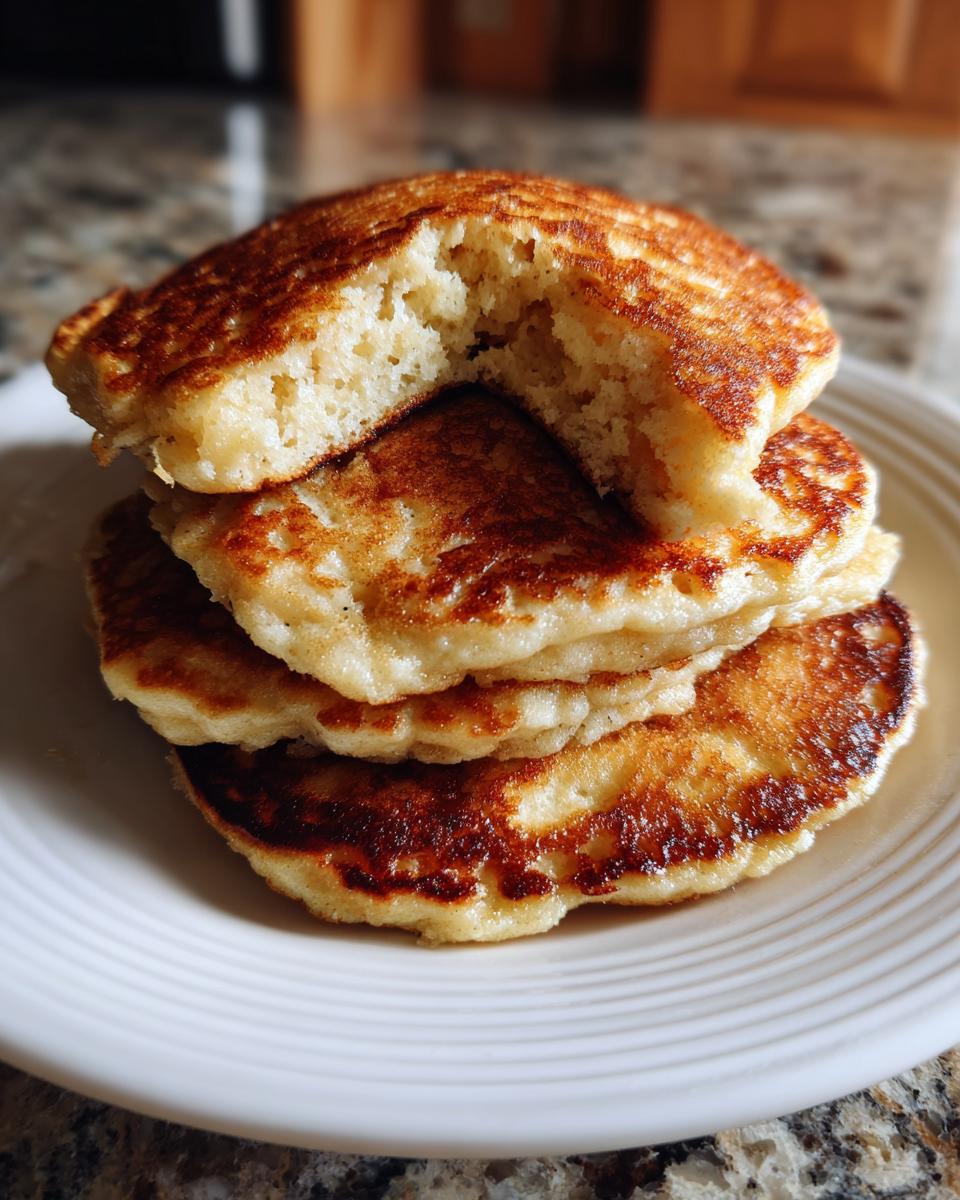A close-up stack of four golden-brown coconut flour pancakes, with the top one broken open to show the fluffy interior.