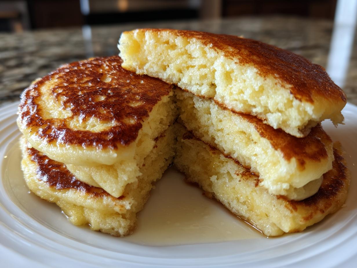 A stack of thick, fluffy coconut flour pancakes cut in half to show the airy interior, drizzled with syrup.