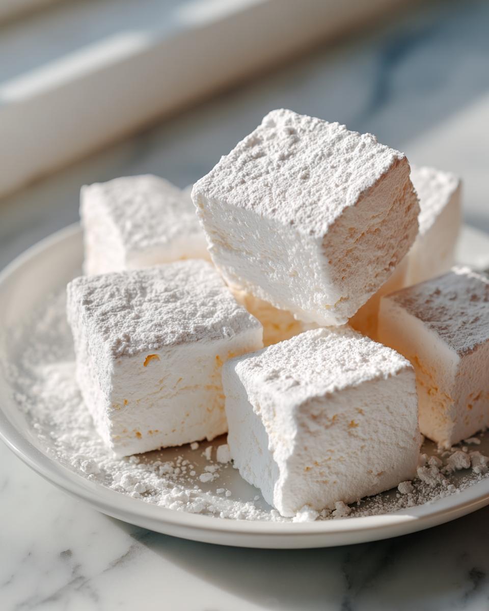 Close-up of several fluffy, square homemade marshmallows heavily dusted with powdered sugar on a white plate.