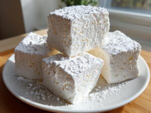 Four large, fluffy homemade marshmallows generously dusted with white powdered sugar, stacked on a white plate.
