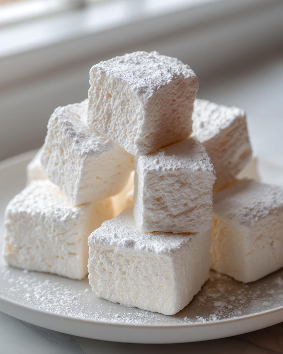 A stack of freshly cut, fluffy homemade marshmallows dusted heavily with powdered sugar on a white plate.