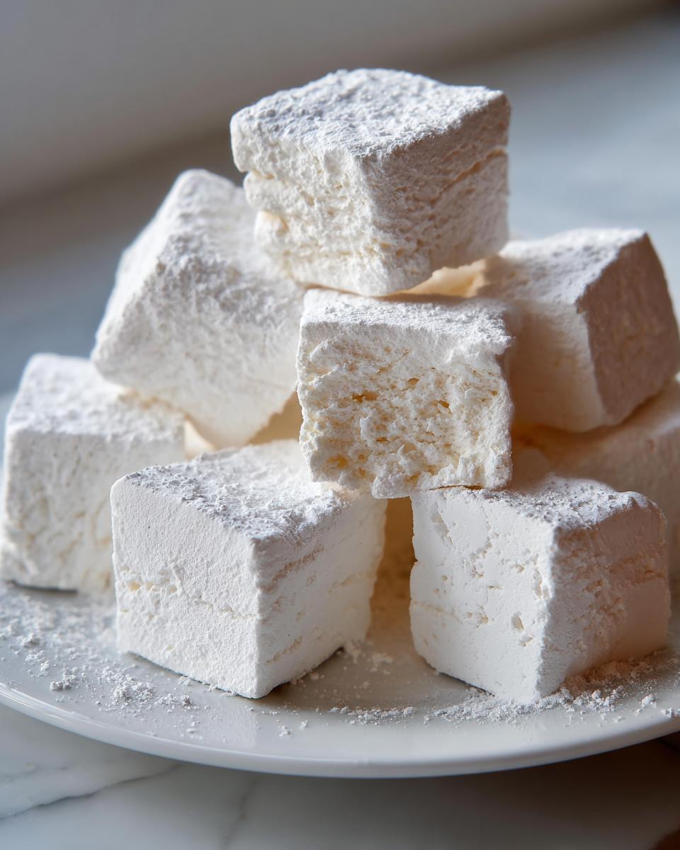 A stack of thick, square homemade marshmallows dusted generously with powdered sugar on a white plate.