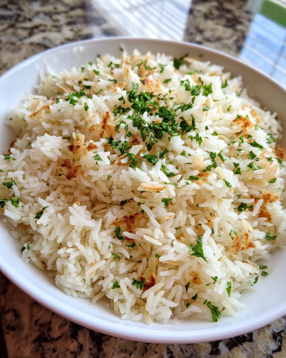 Close-up of fluffy white rice pilaf garnished with chopped fresh parsley and toasted slivered almonds.