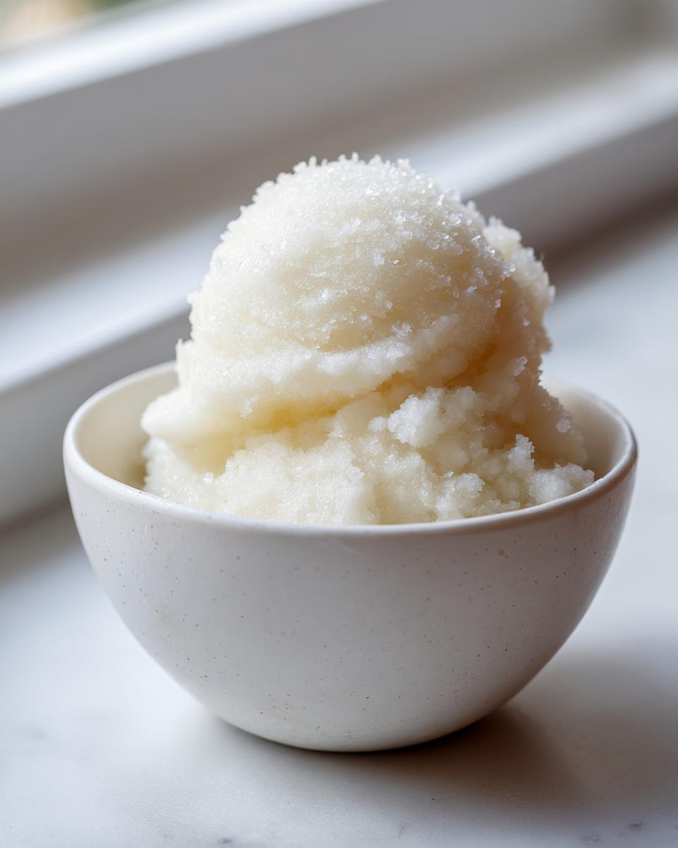 A close-up of fluffy, white snow ice cream scooped high in a speckled white bowl.