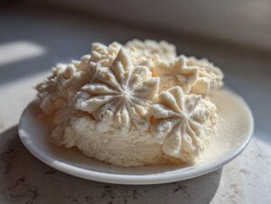 A close-up of several pale, fluffy whipped shortbread cookies piped into star shapes on a small white plate.