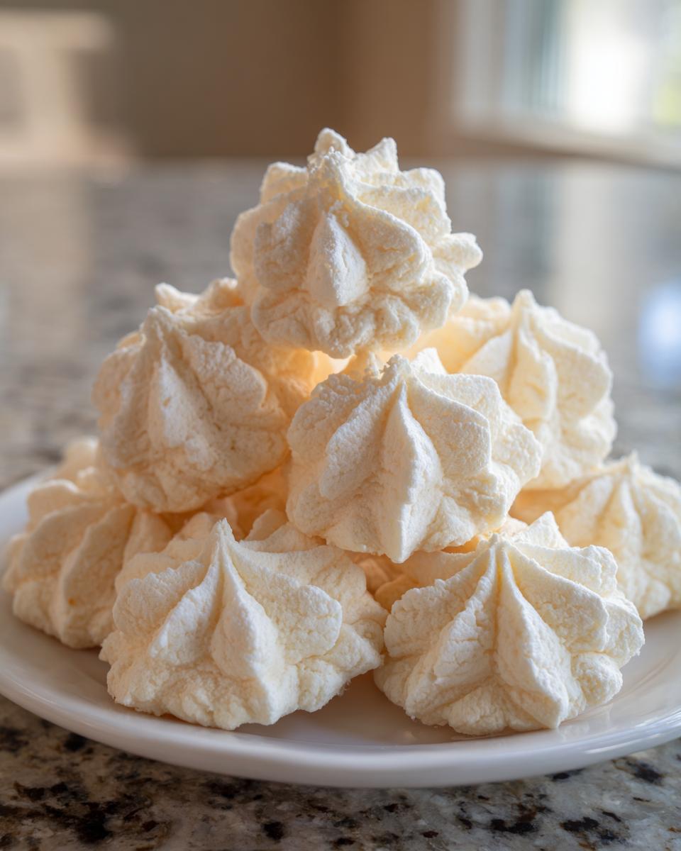 A close-up of a mound of light, star-shaped whipped shortbread cookies stacked on a white plate.