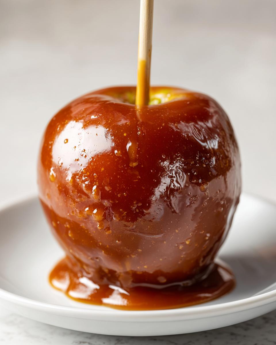 Close-up of a glossy, freshly made caramel apple on a stick, resting on a white plate with excess caramel pooling below. This is a perfect caramel apple.