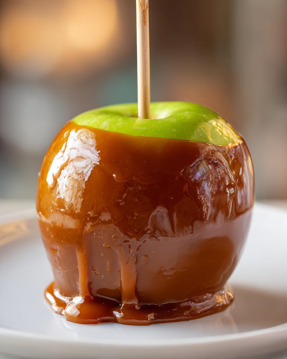 Close-up of a shiny, freshly dipped caramel apple with a wooden stick, resting on a white plate.
