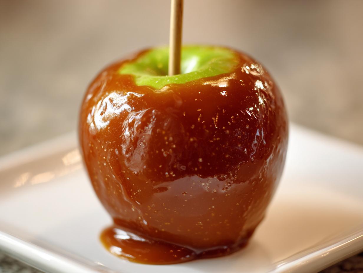 A close-up of a shiny, freshly coated green apple covered in rich, chewy caramel apples, resting on a white plate.