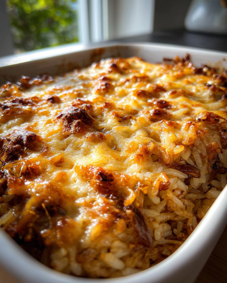 Close-up of baked french onion butter rice in a white dish, topped with bubbly, browned cheese.
