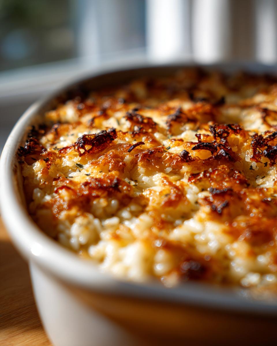 Close-up of baked french onion butter rice in a white dish with a deeply caramelized, cheesy top.