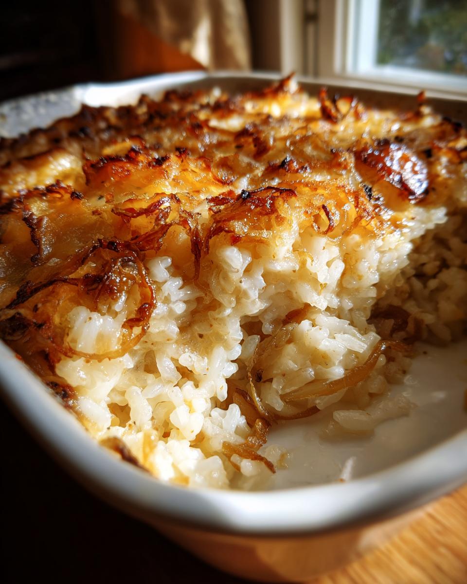 A close-up of baked french onion butter rice in a white dish, showing creamy rice topped with caramelized, crispy onions.