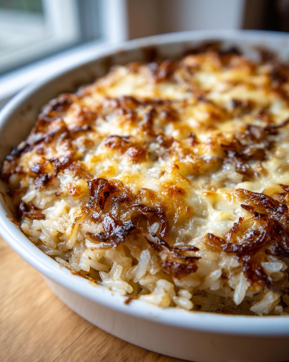Close-up of baked french onion butter rice in a white dish, featuring melted, browned cheese and caramelized onions.