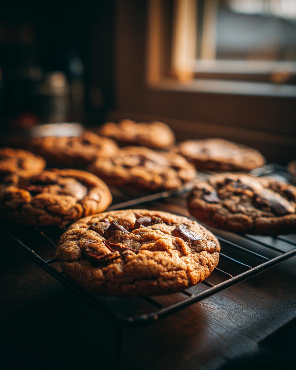 Close-up of warm, gooey chocolate chip cookies cooling on a wire rack near a window.
