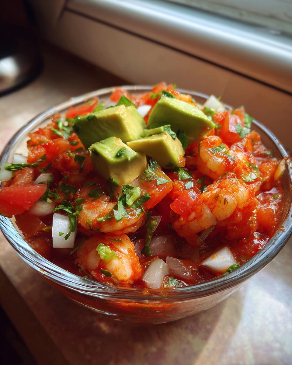 Close-up of a glass bowl filled with vibrant mexican shrimp cocktail, topped with diced avocado, onion, and cilantro.