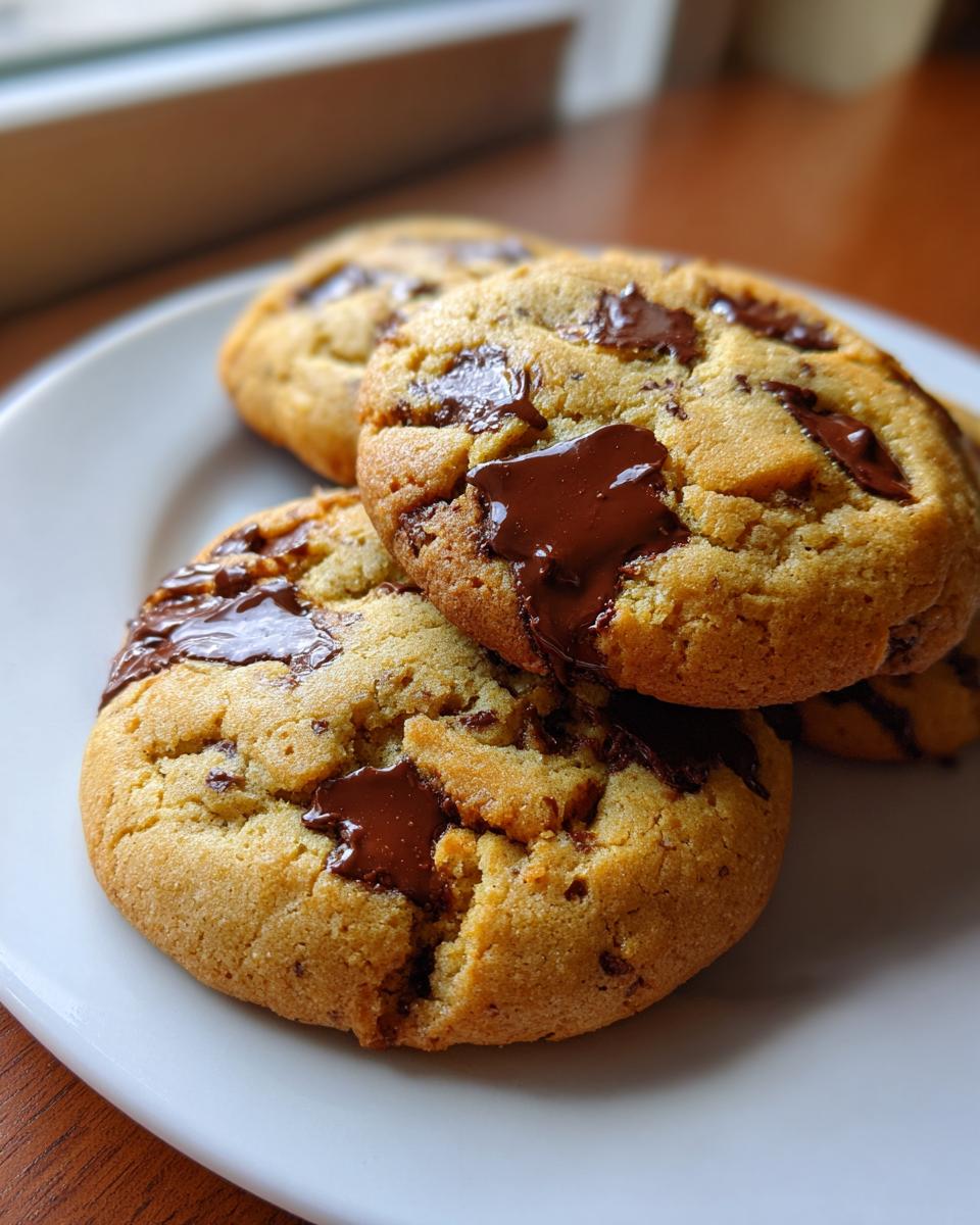 Close-up of three freshly baked vegan chocolate chip cookies stacked on a white plate showing gooey, melted chocolate chips.
