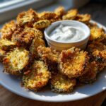 A plate piled high with crispy, golden brown Fried Pickles surrounding a small bowl of creamy white dipping sauce.