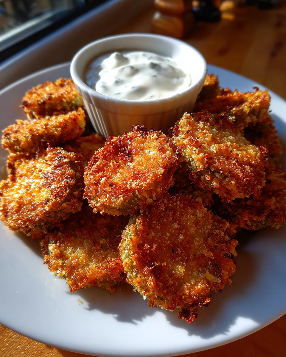 A plate piled high with crispy, golden brown Fried Pickles served alongside a small ramekin of creamy dipping sauce.