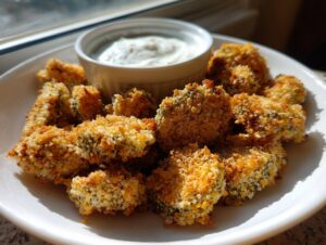 A plate of golden brown, crispy Fried Pickles served with a small bowl of creamy white dipping sauce.