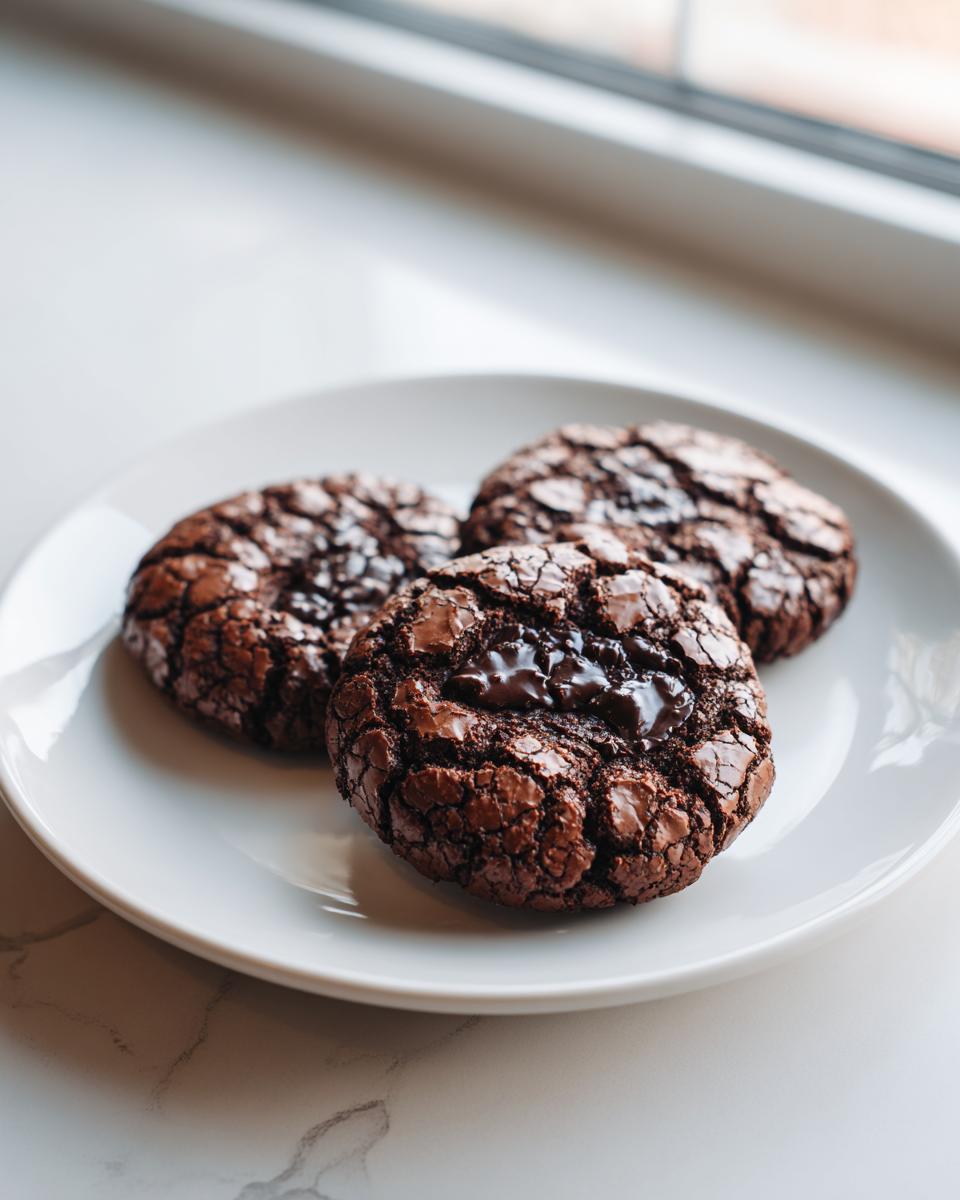 Three rich, dark chocolate brownie cookies with cracked tops and melted centers sitting on a white plate.