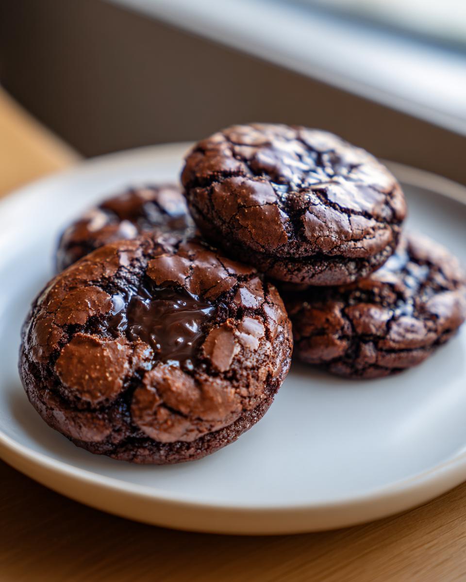 A close-up of four rich, fudgy chocolate brownie cookies with cracked tops and melted centers on a white plate.