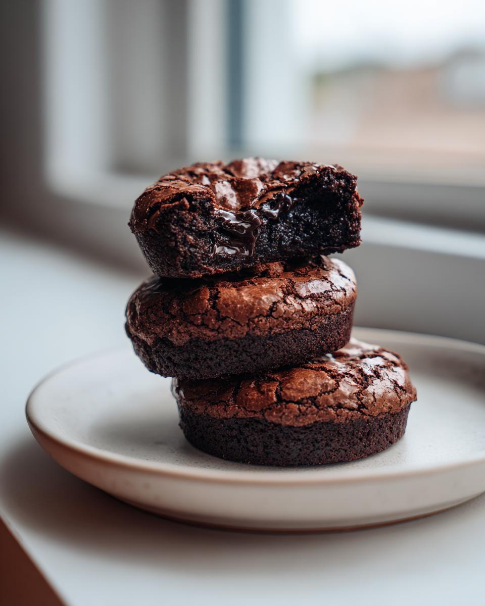Three fudgy chocolate brownie cookies stacked on a plate, with the top cookie broken open showing a gooey center.