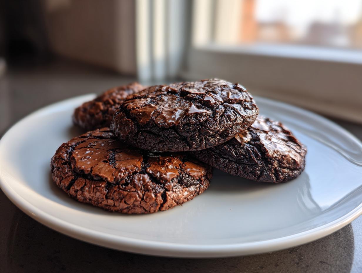 Close-up of several fudgy chocolate brownie cookies with cracked tops stacked on a light gray plate.