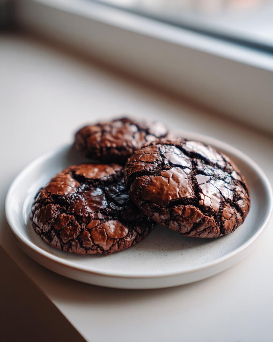 Three fudgy chocolate brownie cookies with cracked tops resting on a light speckled plate.