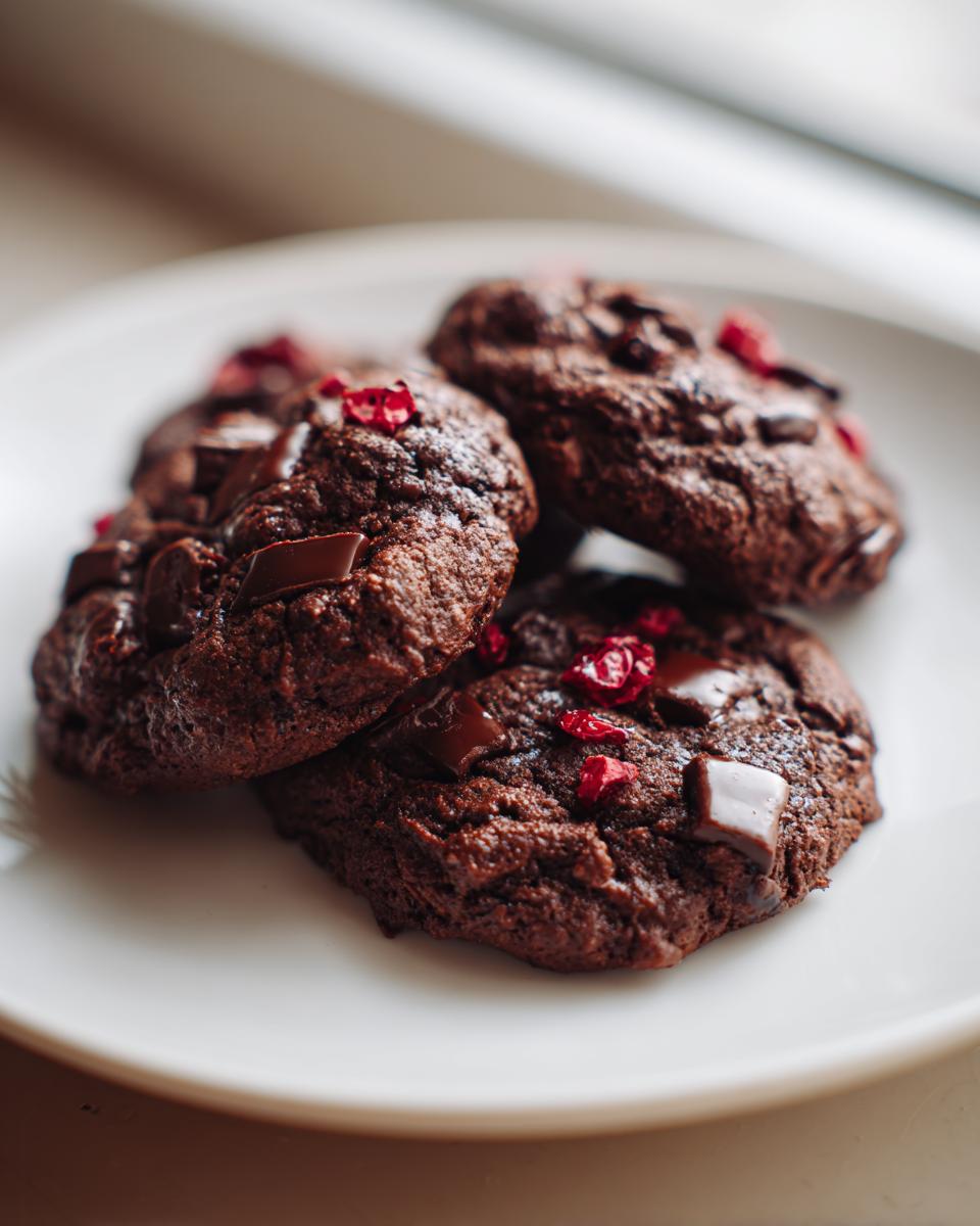 Close-up of three fudgy chocolate cherry cookies topped with chocolate chunks and dried red fruit pieces.
