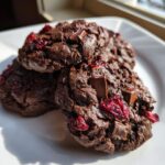 Close-up of three fudgy chocolate cherry cookies studded with dried cherries and chocolate chunks on a white plate.