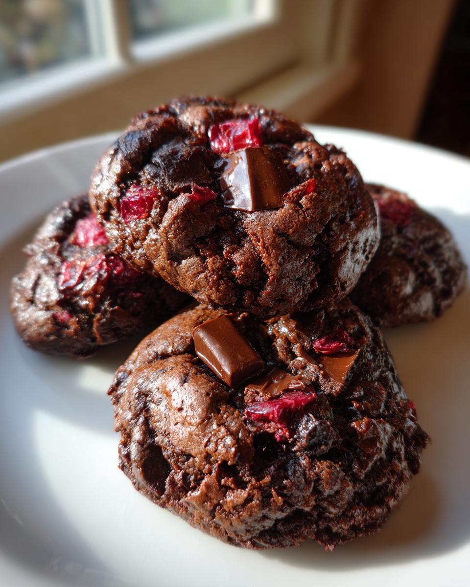 Close-up of fudgy chocolate cherry cookies stacked on a white plate, featuring visible chocolate chunks and dried cherries.