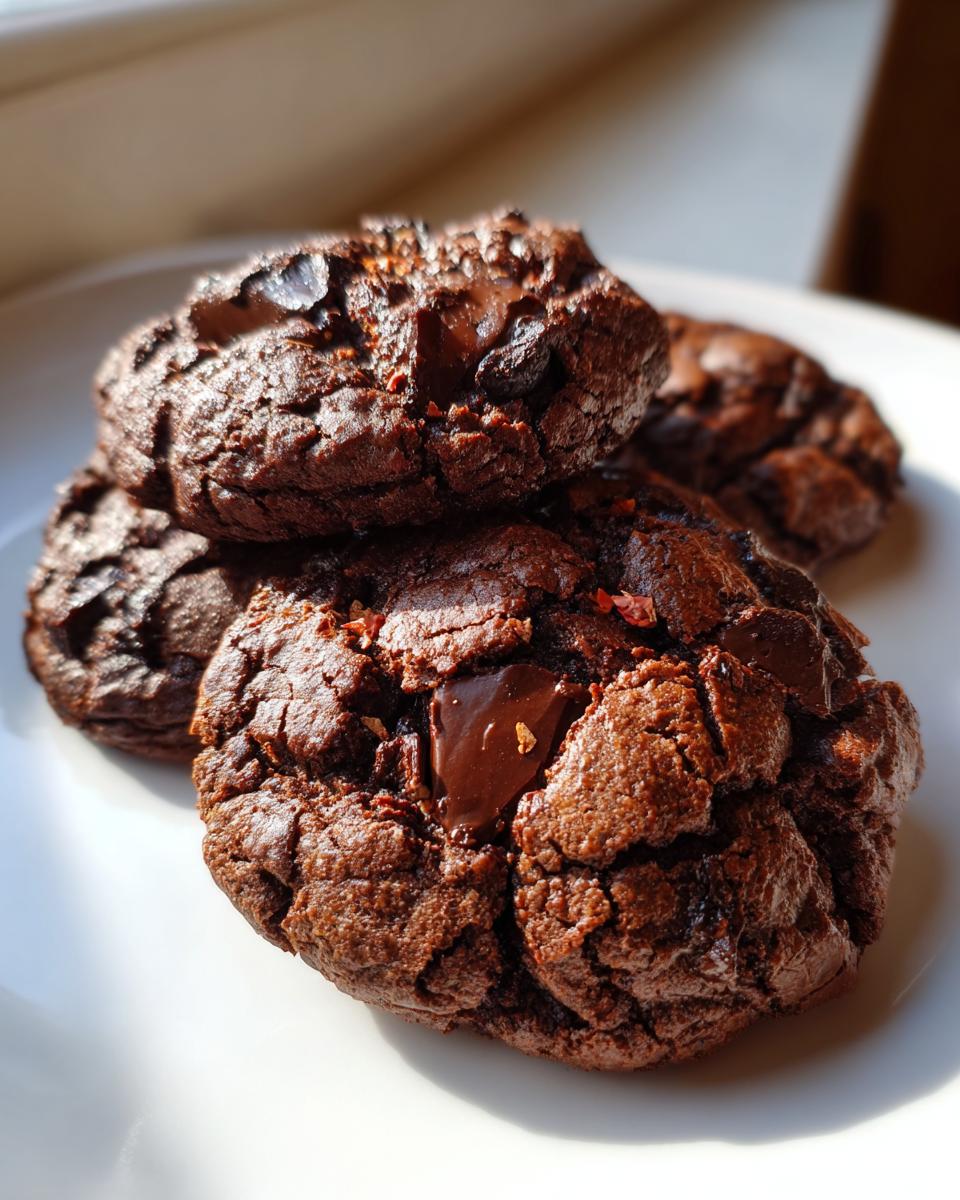 Close-up of several fudgy chocolate cherry cookies piled on a white plate, showing melted chocolate chunks.