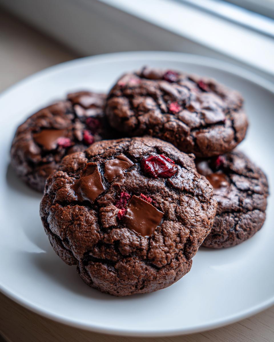 Close-up of four fudgy chocolate cherry cookies piled on a white plate, featuring melted chocolate chunks and dried cherries.