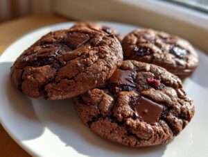 Close-up of several fudgy chocolate cherry cookies topped with melted chocolate chunks on a white plate.