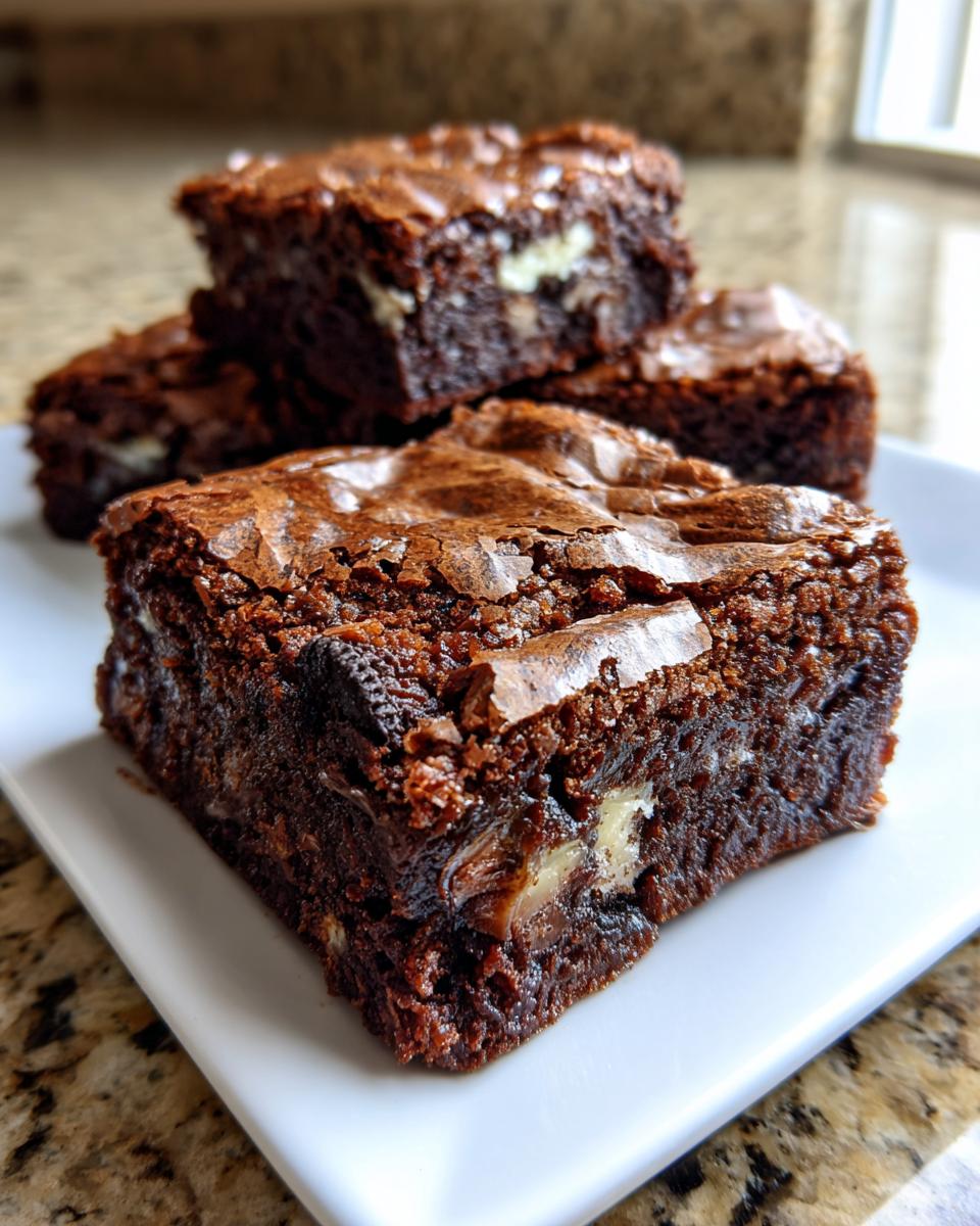 Close-up of fudgy Oreo brownies stacked on a white plate, showing a shiny, crackly top and white cream filling.