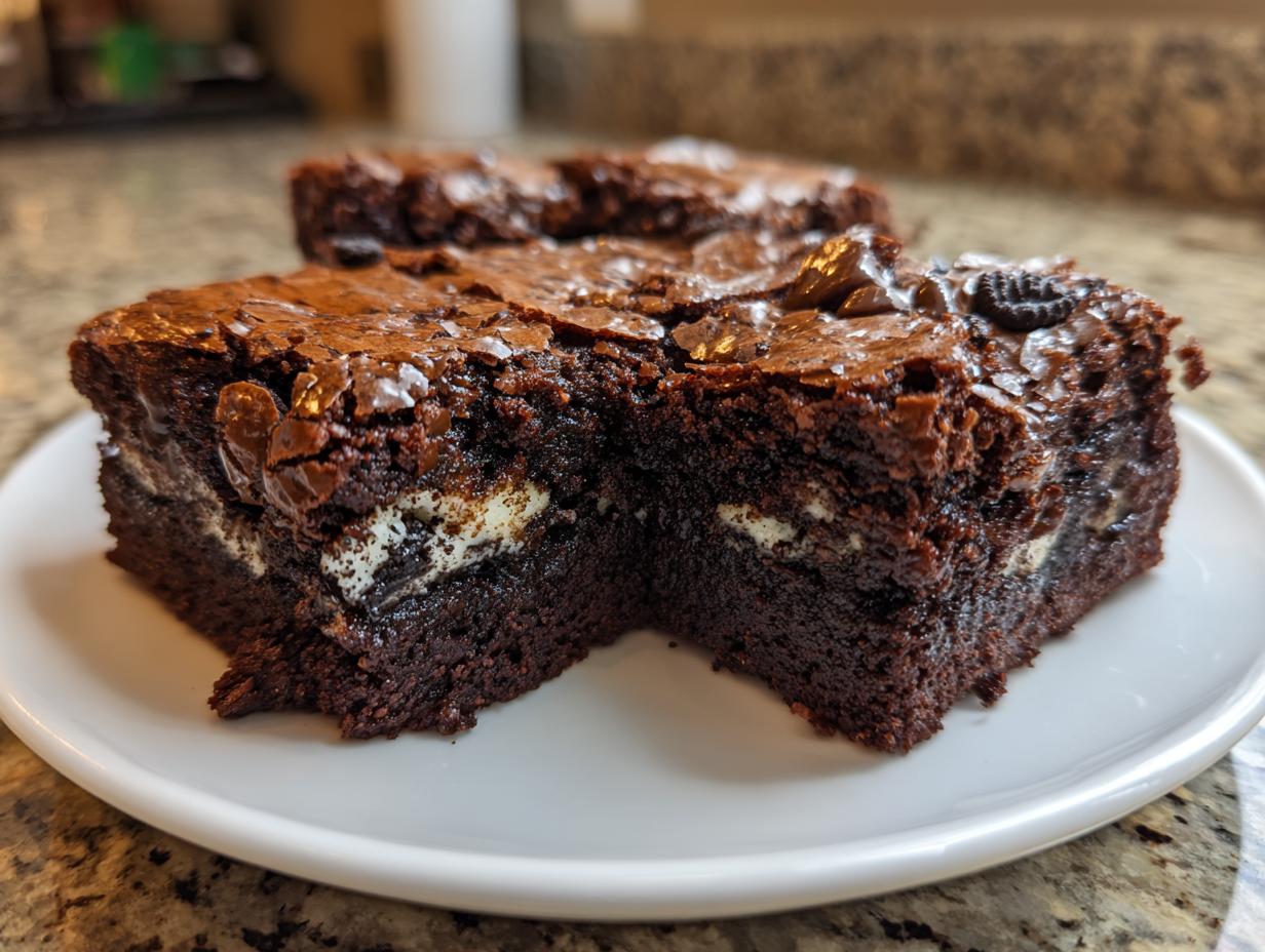 Two fudgy Oreo brownies cut in half, showing creamy white filling and a shiny, crackly top.